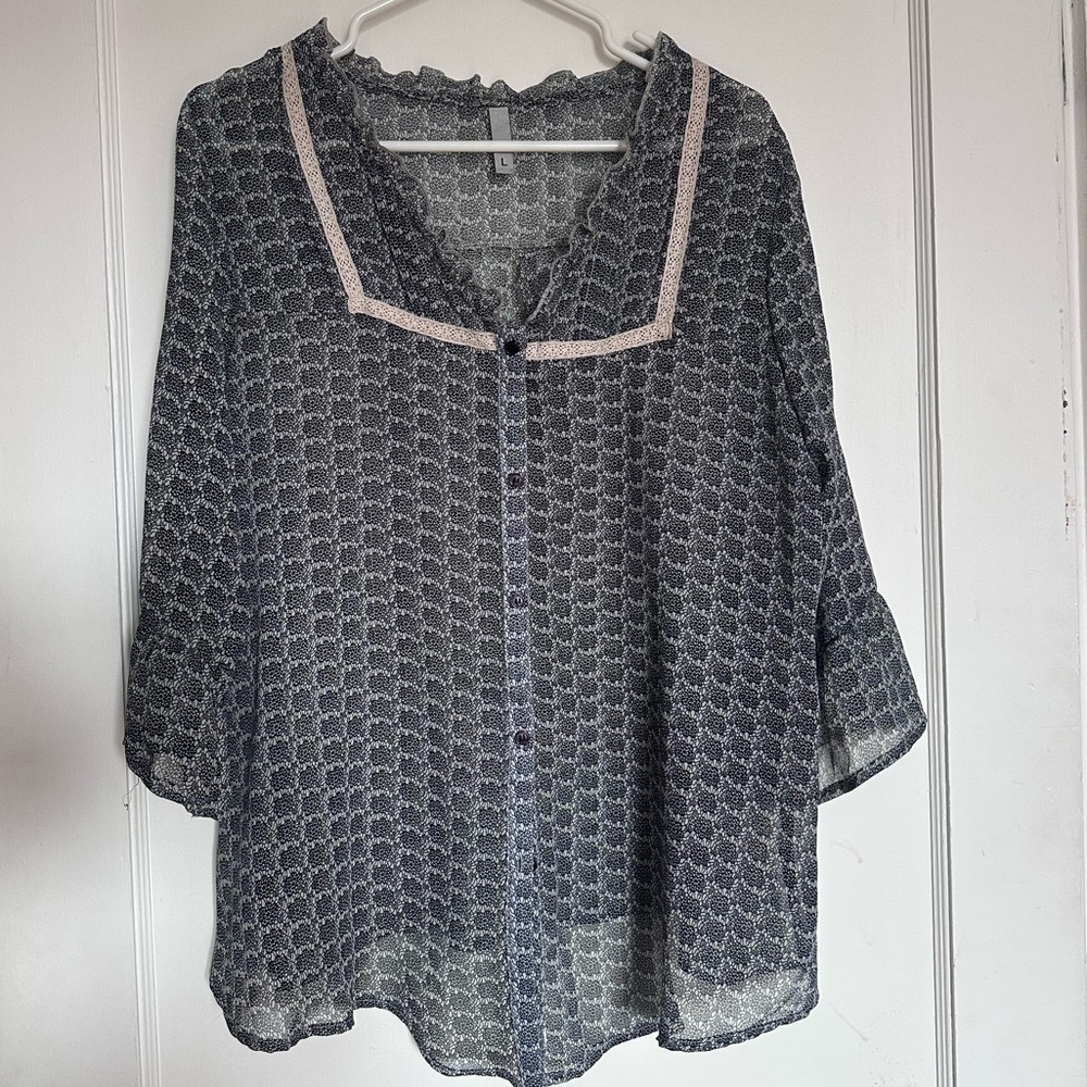 Sheer Blue floral button up Blouse